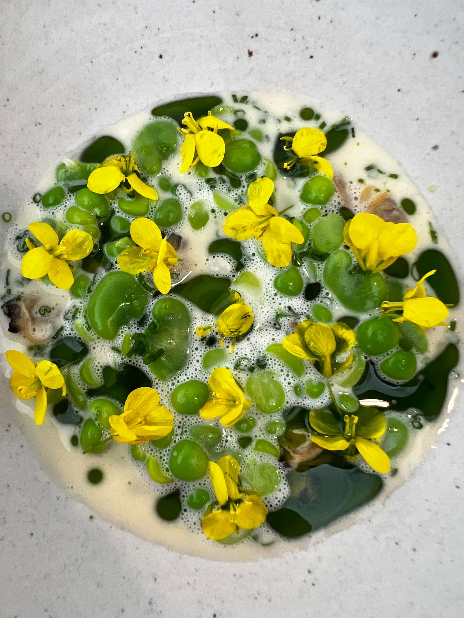 Doperwten met tuinbonen en mosterdbloemen